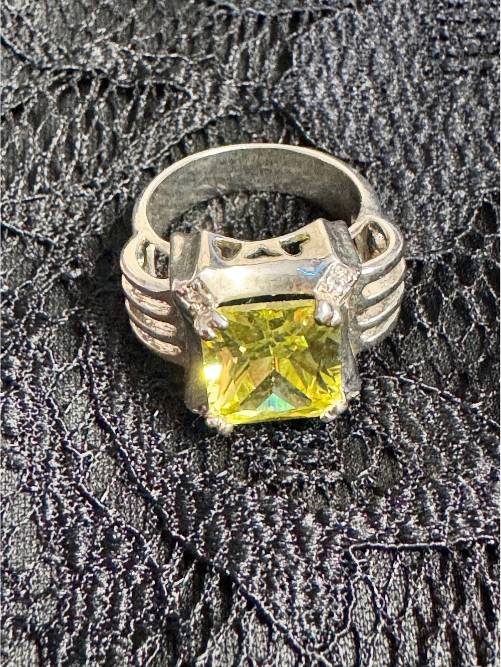 Yellow Glass Statement Ring Size 7 Silver Tone Princess Cut Cocktail Ring